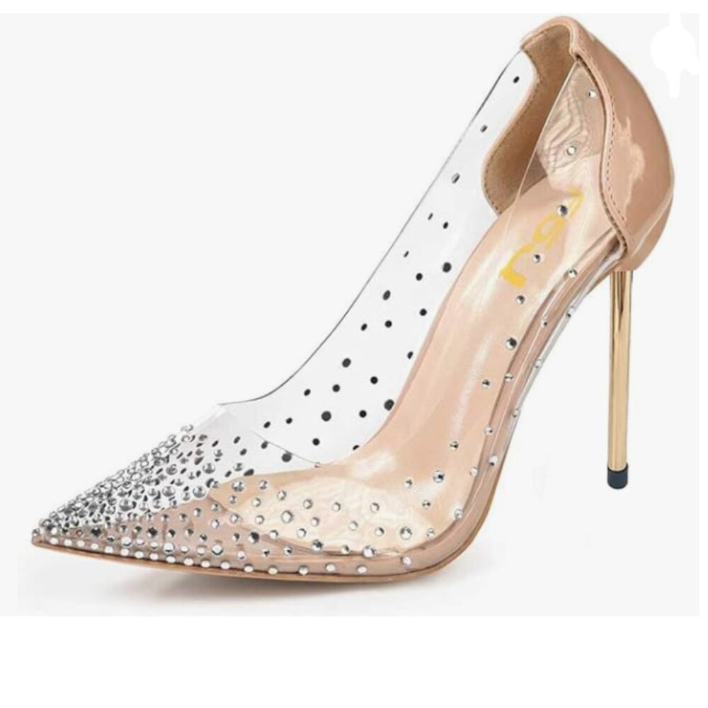 FSJ Nude Women Studded Pointed Toe Transparent Pumps High Heels Shoes - Picture 1 of 8